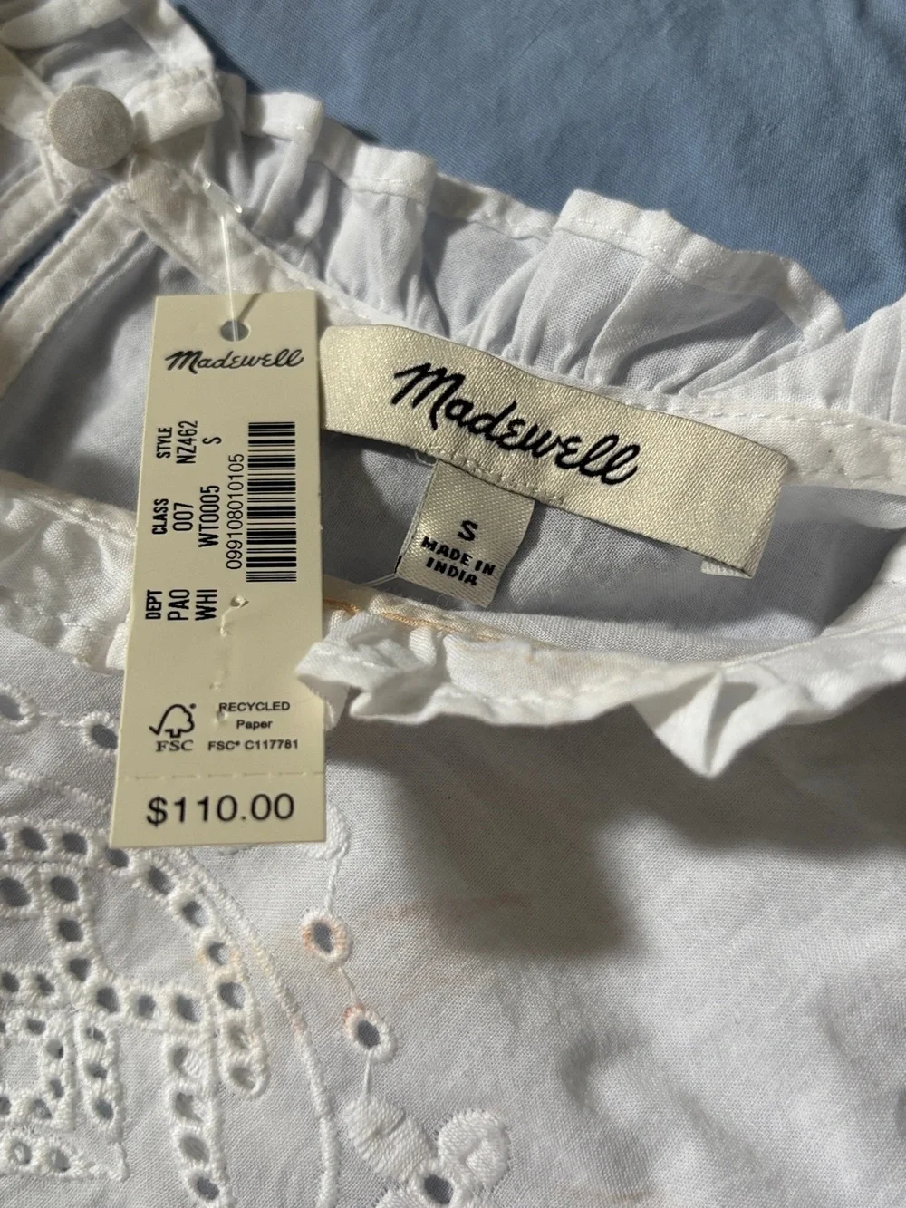 Madewell NWT White Eyelet Embroidered Pintuck Blouse Top Size S MSRP $110